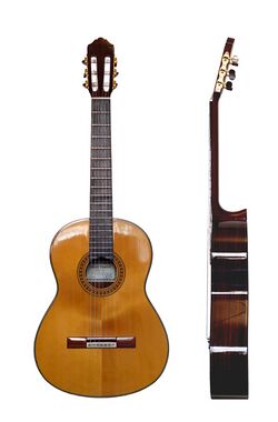 Front and profile views of a modern classical guitar.